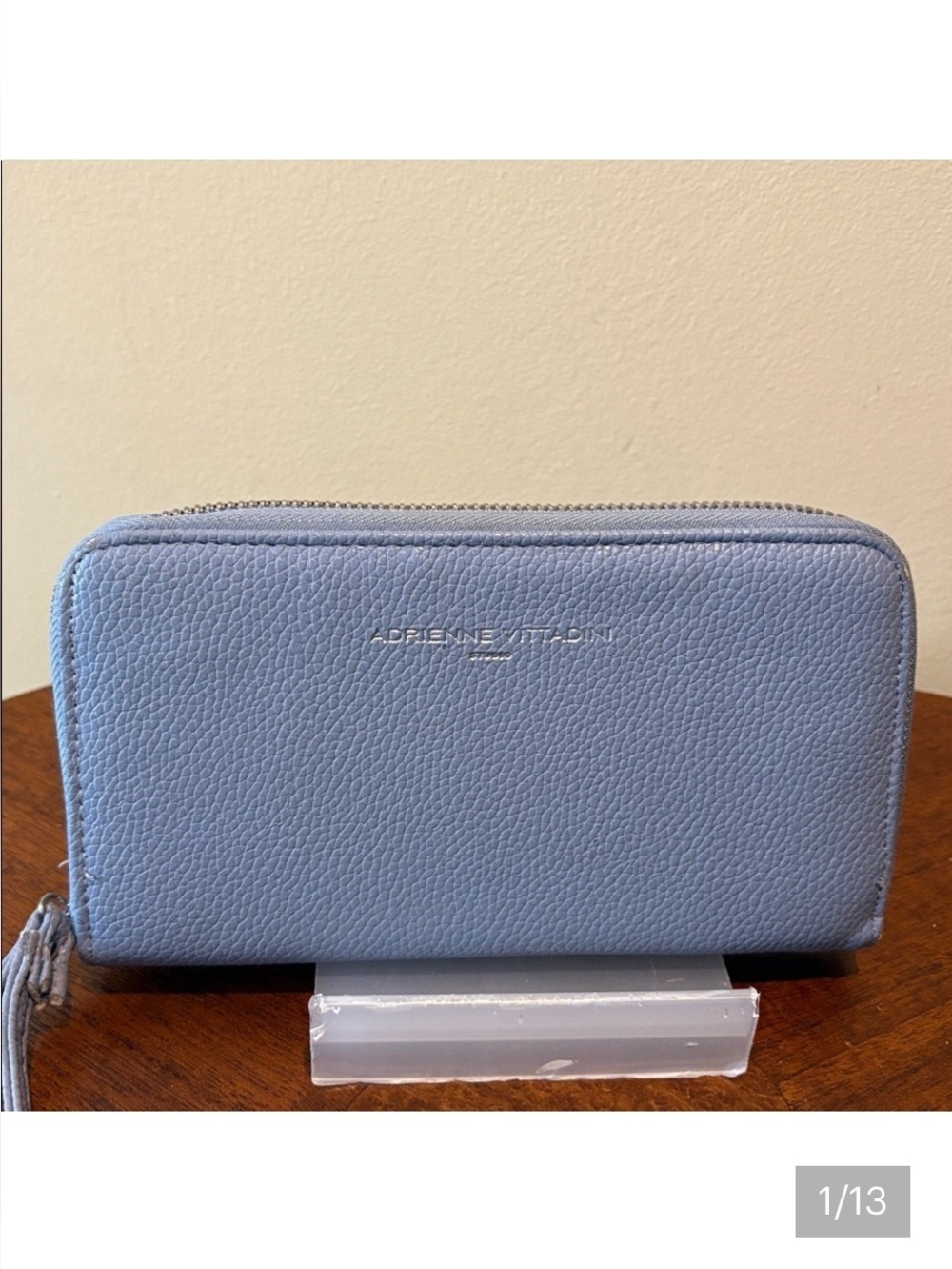 Adrienne Vittadini Periwinkle Zip Wallet  pebbled leather / vegan trim& interior